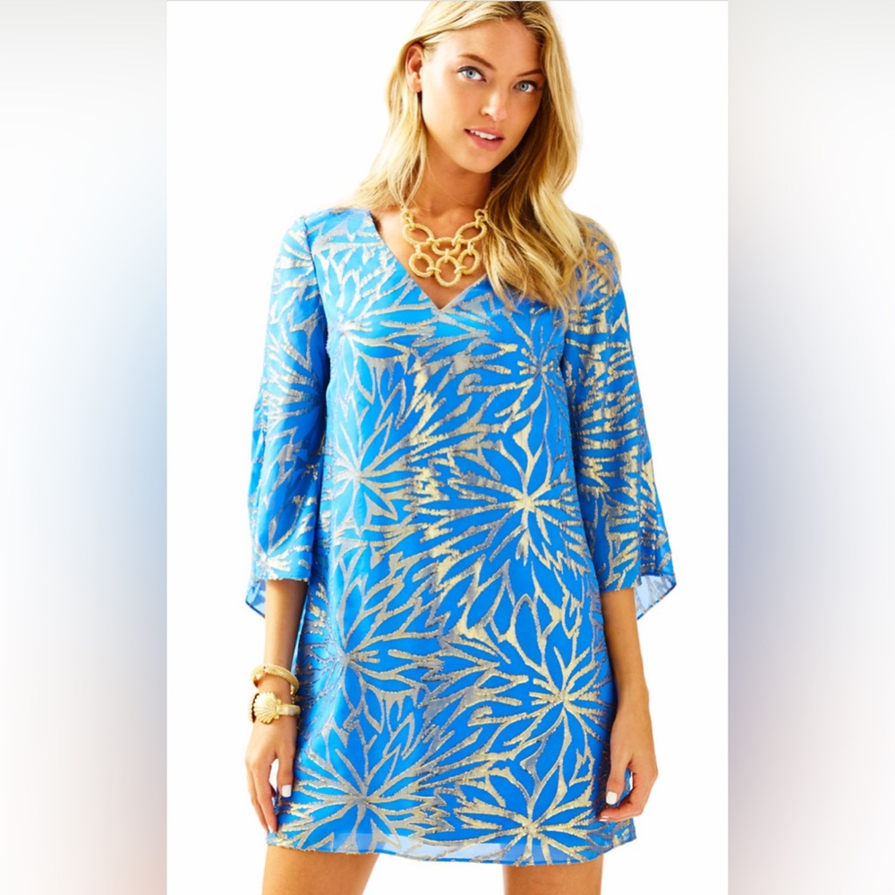Lilly Pulitzer Silk Miri Dress Lapis & Gold 14
